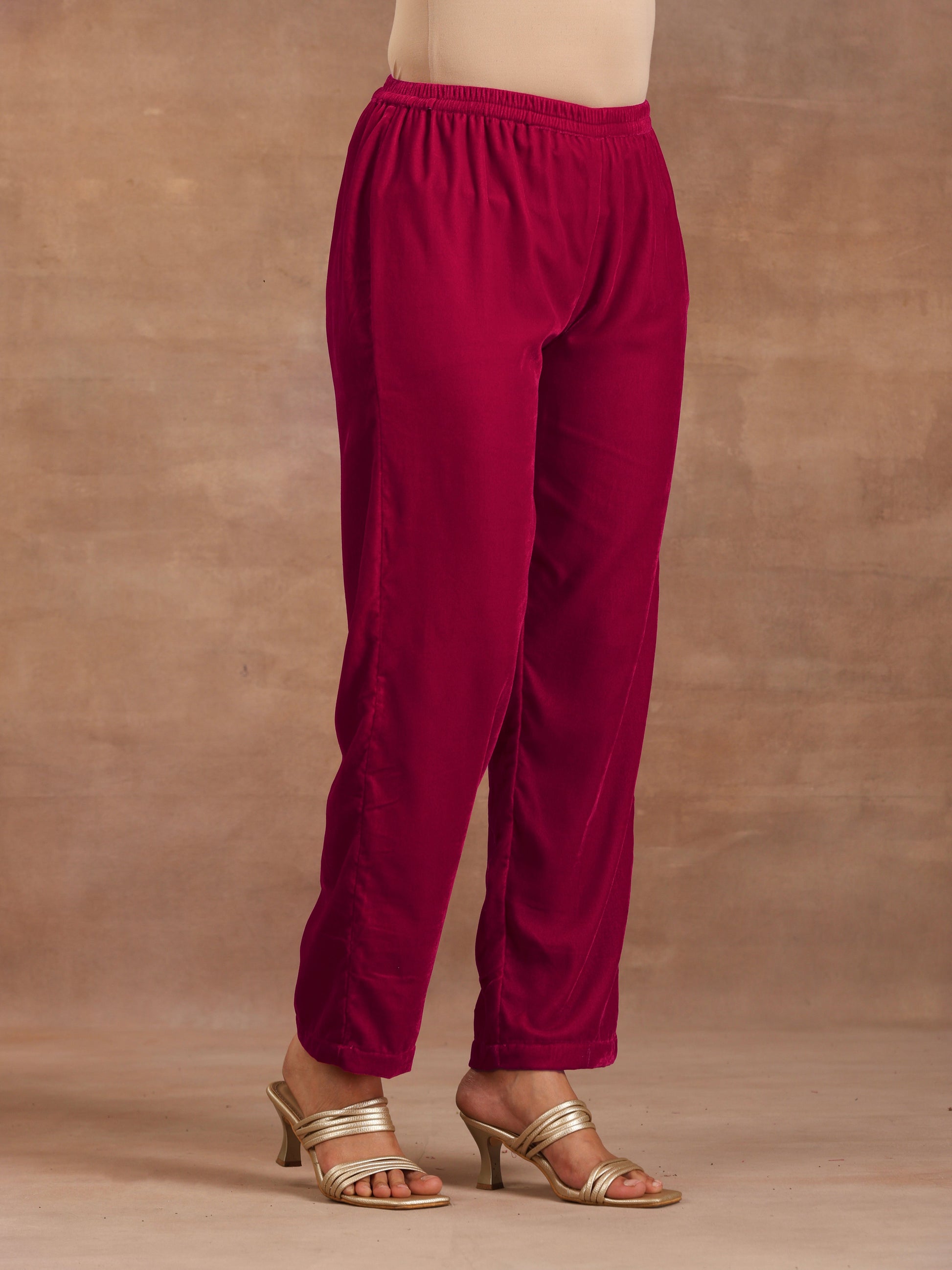 trueBrowns Rani Pink Velvet Pant | Swadesiicart