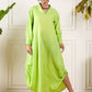 InWeave Neon Green Shawl Neck Long Side Pleat Dress - Swadesiicart