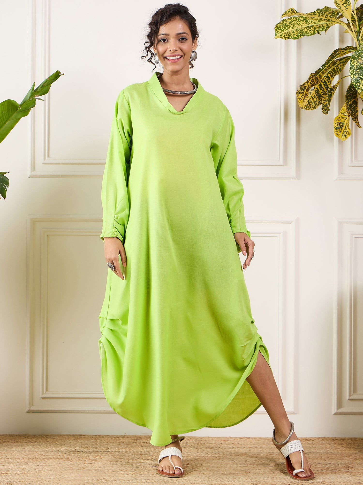 InWeave Neon Green Shawl Neck Long Side Pleat Dress - Swadesiicart