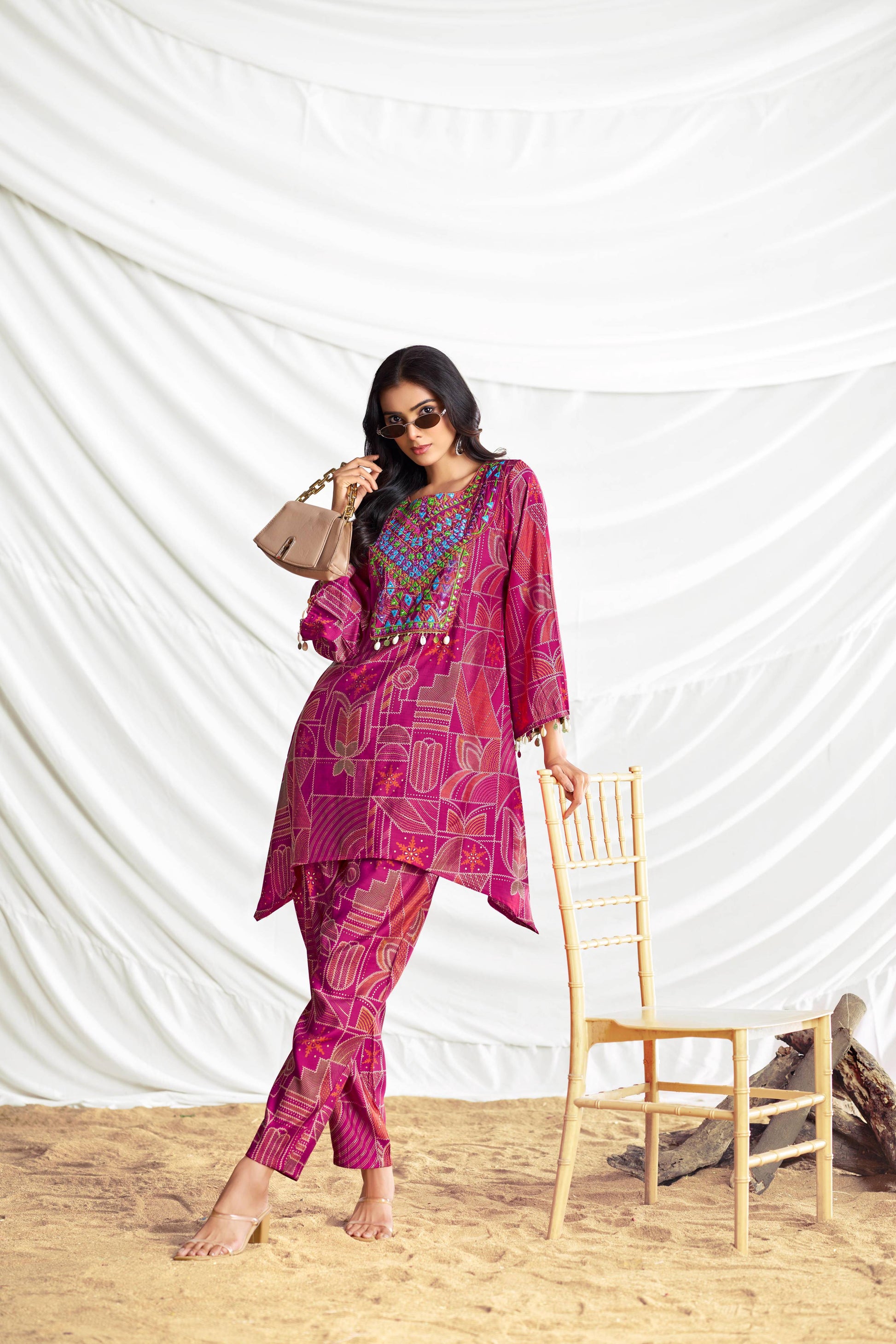 BulBul Ashka Chanderi Fuschia Co-Ord Set - Swadesiicart