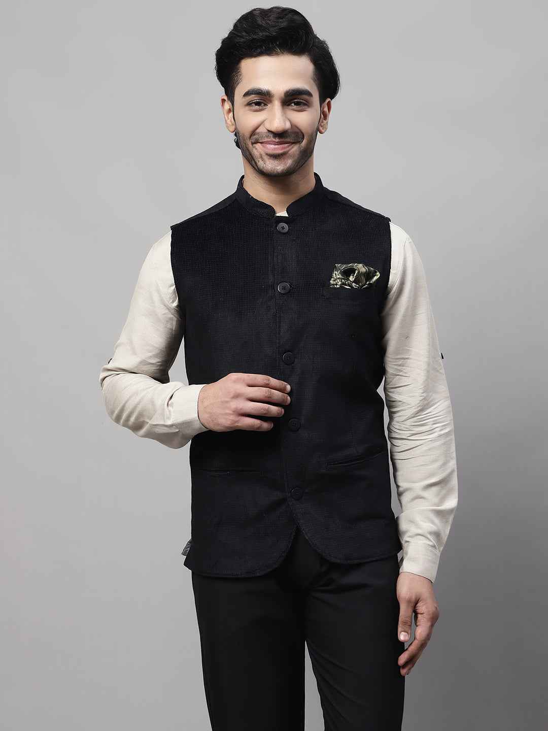 Even Apparels Men's Black Nehru Jacket With Welt Pockets | Swadesiicart