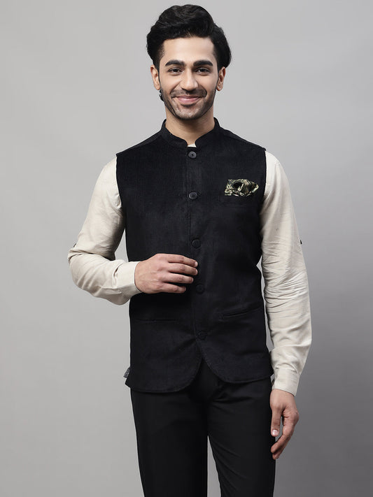 Even Apparels Men's Black Nehru Jacket With Welt Pockets | Swadesiicart