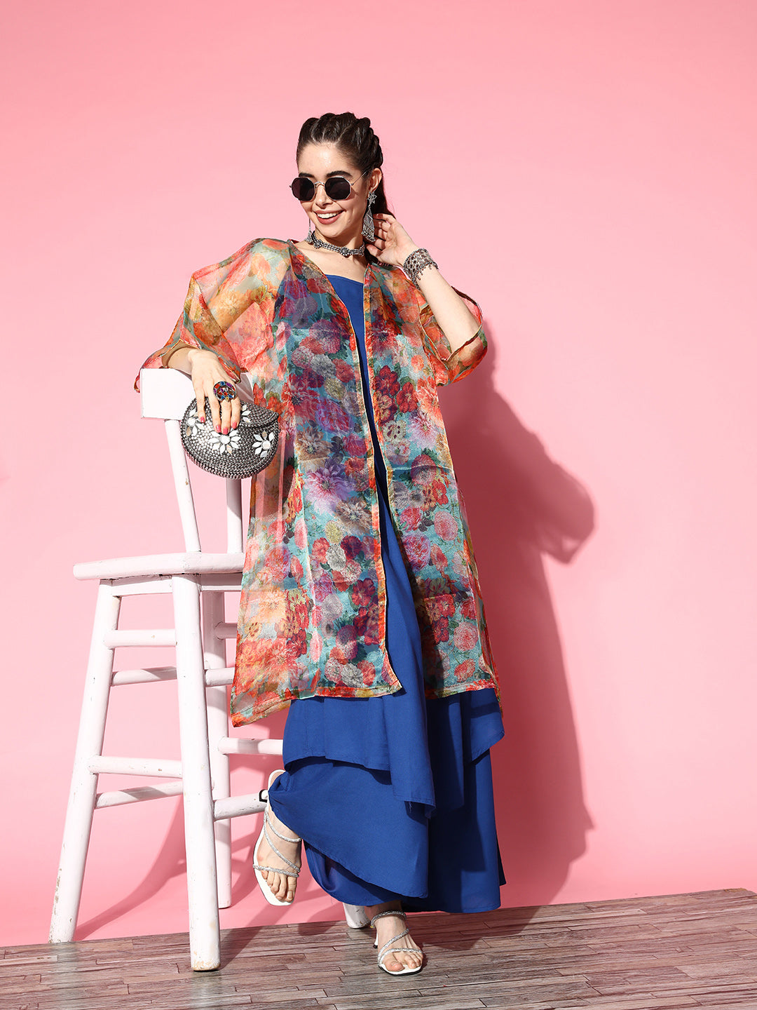 InWeave Ink Blue Strappy Set With Green Floral Long Organza Cape - Swadesiicart