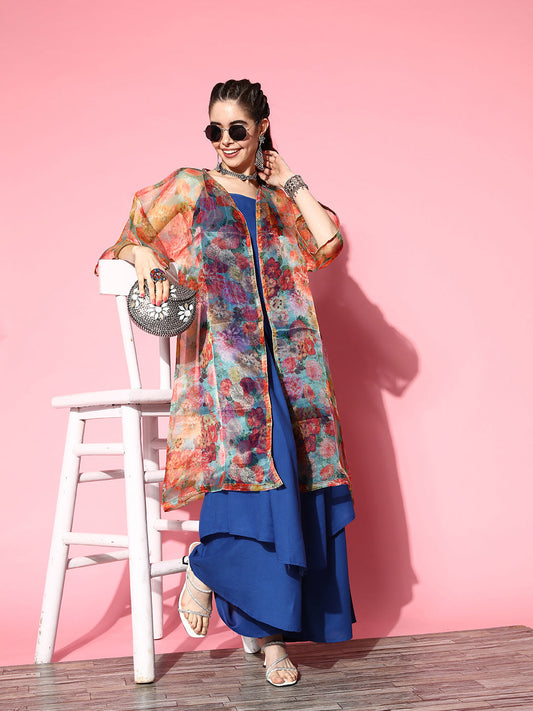 InWeave Ink Blue Strappy Set With Green Floral Long Organza Cape - Swadesiicart