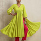 trueBrowns Lime Crinkle Anarkali Flared Kurta Set | Swadesiicart