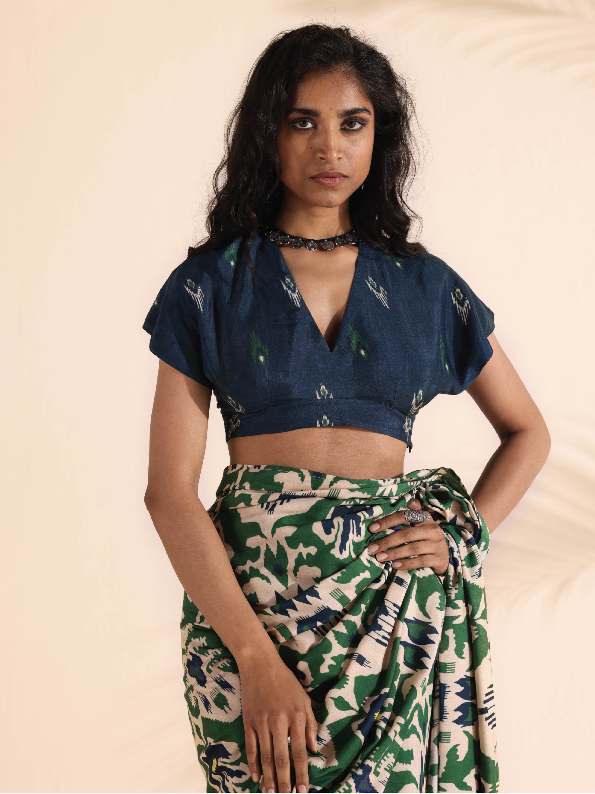 trueBrowns Blue Muslin Ikat Blouse | Swadesiicart