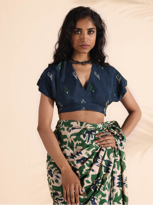trueBrowns Blue Muslin Ikat Blouse | Swadesiicart