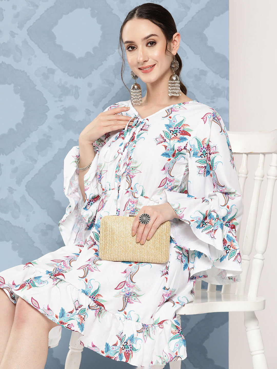 InWeave Women's White Floral Paisley Print Short Dress - Swadesiicart