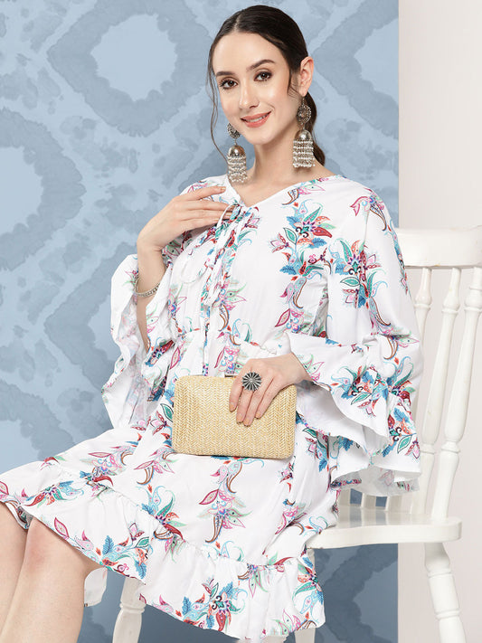 InWeave Women's White Floral Paisley Print Short Dress - Swadesiicart