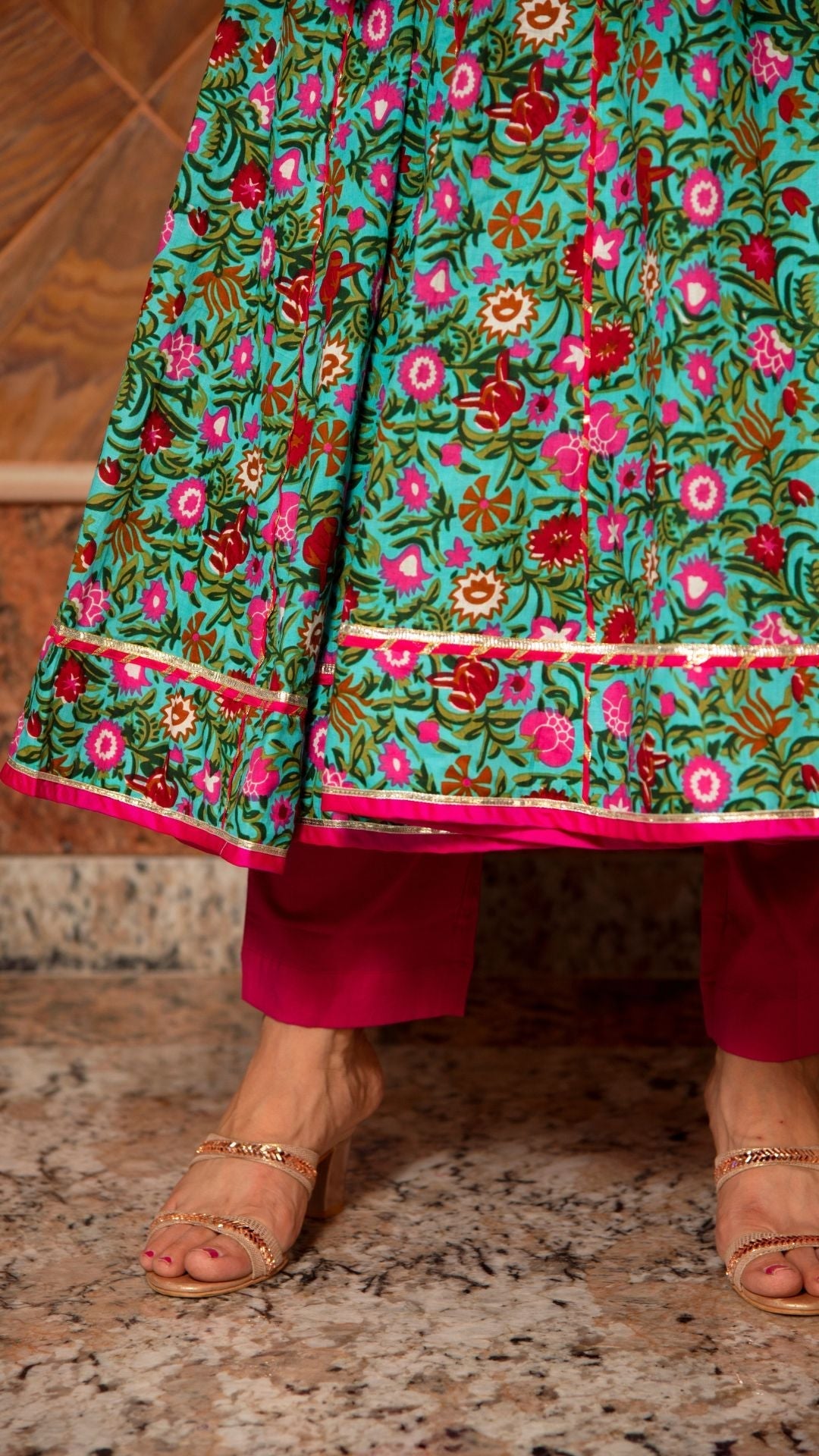 Pomcha Jaipur Surangi Kalidar Cotton Anarkali Set | Swadesiicart