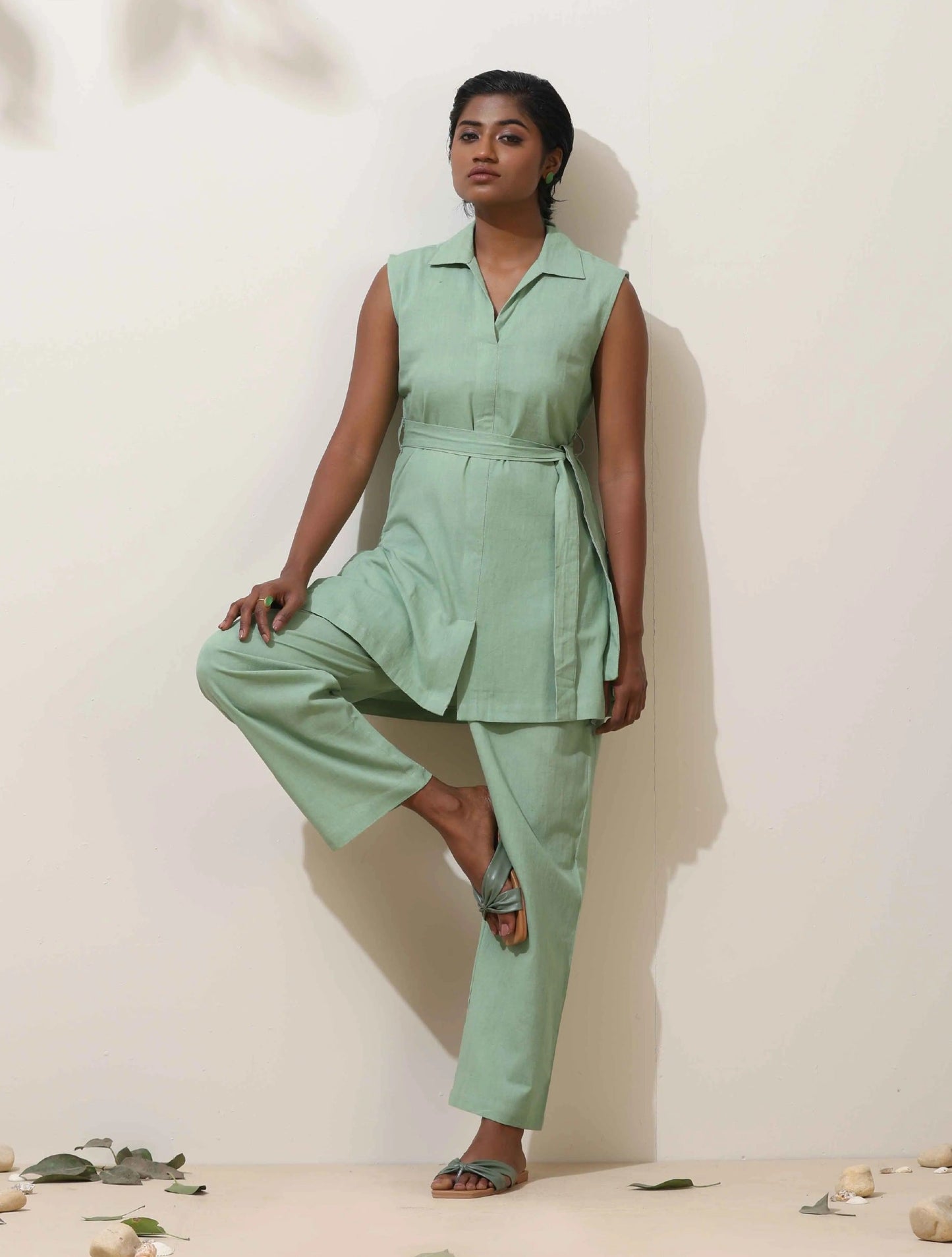 trueBrowns Mint Green Cotton Linen Co-Ord Set - Swadesiicart