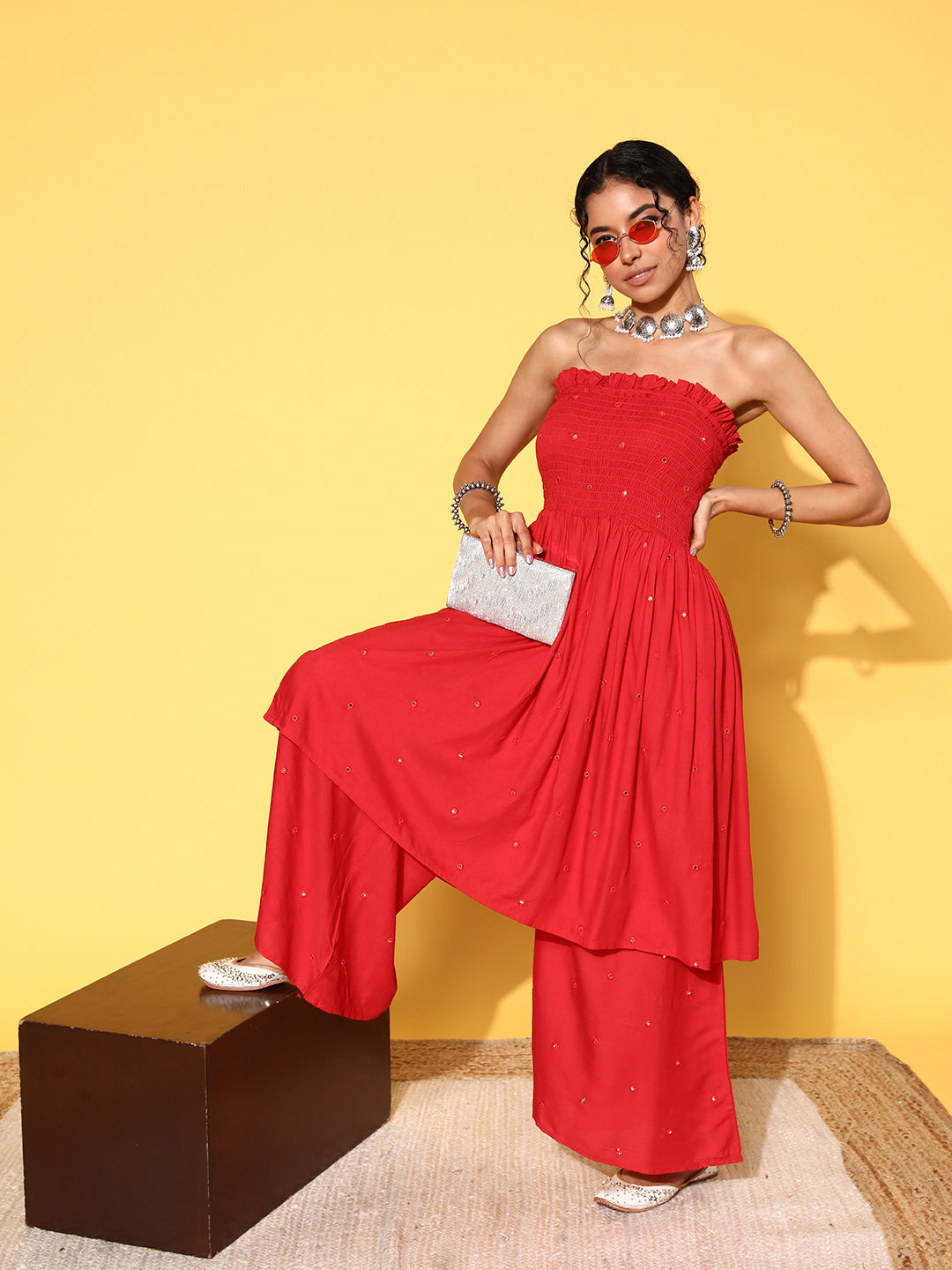 InWeave Women's Red Mirror Work Off Shoulder Kurta Set - Swadesiicart