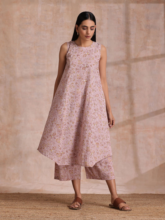 trueBrowns Grey Overall Floral Block Print Cotton High-Low Co-Ord Set - Swadesiicart