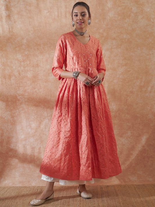 InWeave Women's Peach Mirror Work Long Anarkali Kurta - Swadesiicart