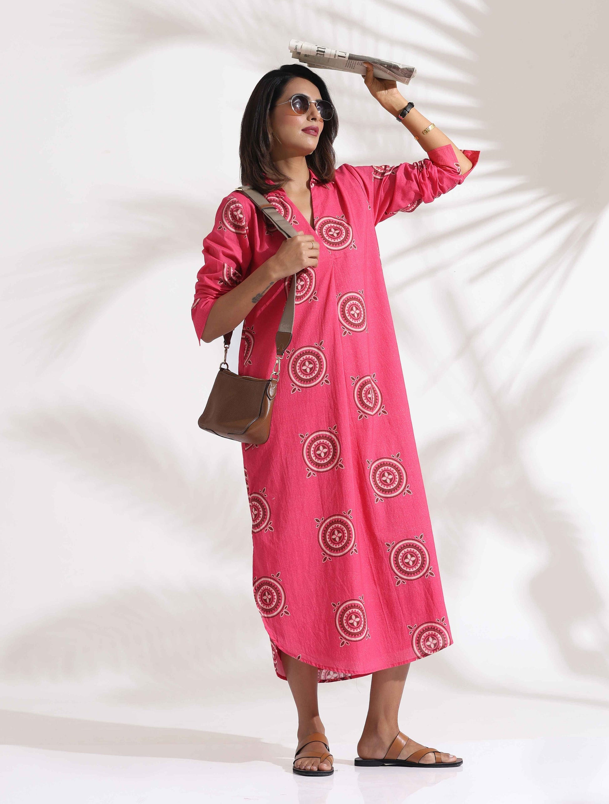 trueBrowns Pink Cotton Print A-line Dress | Swadesiicart