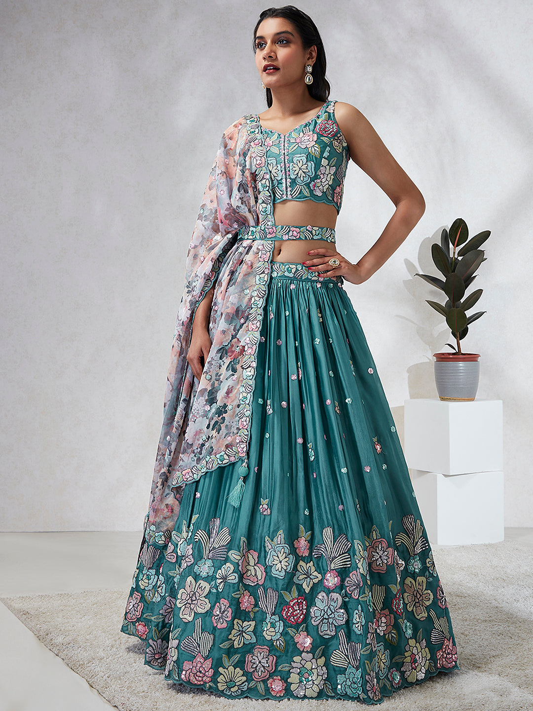 House of Panchhi Turquoise Blue Georgette Sequins And Thread Embroidery Lehenga Choli & Dupatta | Swadesiicart