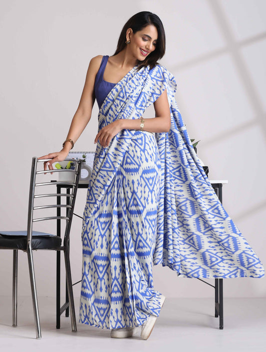trueBrowns Blue Muslin Ikat Saree | Swadesiicart
