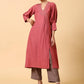 trueBrowns Cotton Linen Rust Red Kurta Pant Set | Swadesiicart