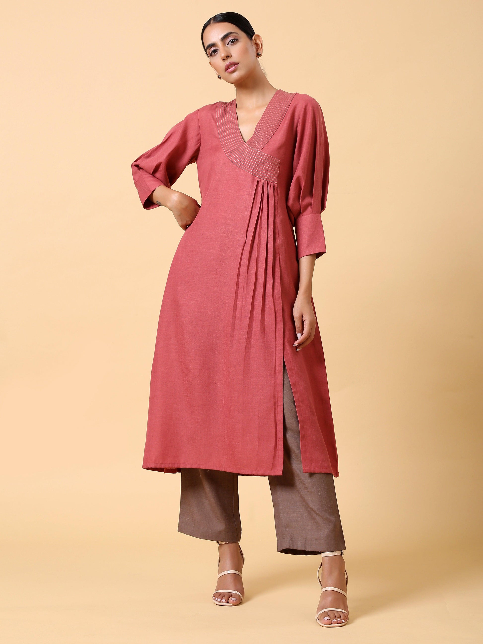 trueBrowns Cotton Linen Rust Red Kurta Pant Set | Swadesiicart