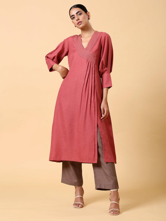 trueBrowns Cotton Linen Rust Red Kurta Pant Set | Swadesiicart