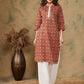 InWeave Women's Maroon Ethnic Print Lace Gota Work Straight Kurta - Swadesiicart