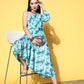 InWeave Women's Sea Blue One Shoulder Rayon Dress - Swadesiicart