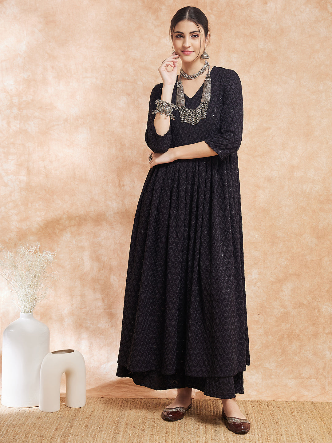 InWeave Women's Black Chikankari Long Anarkali Kurta Sharara Set - Swadesiicart