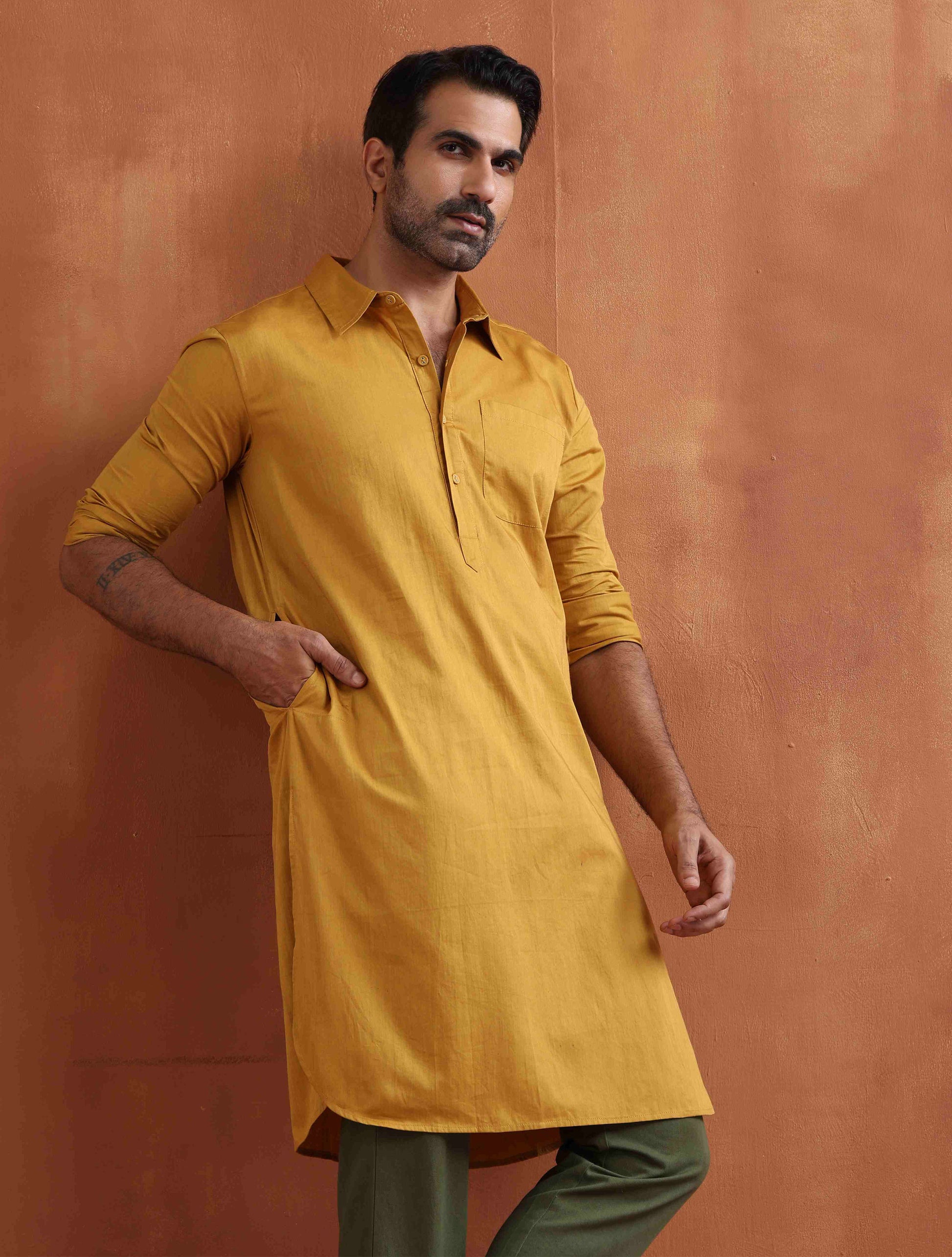 trueBrowns Men's Mustard Cotton Kurta | Swadesiicart