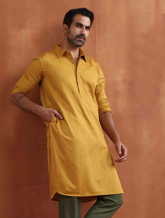 trueBrowns Men's Mustard Cotton Kurta | Swadesiicart