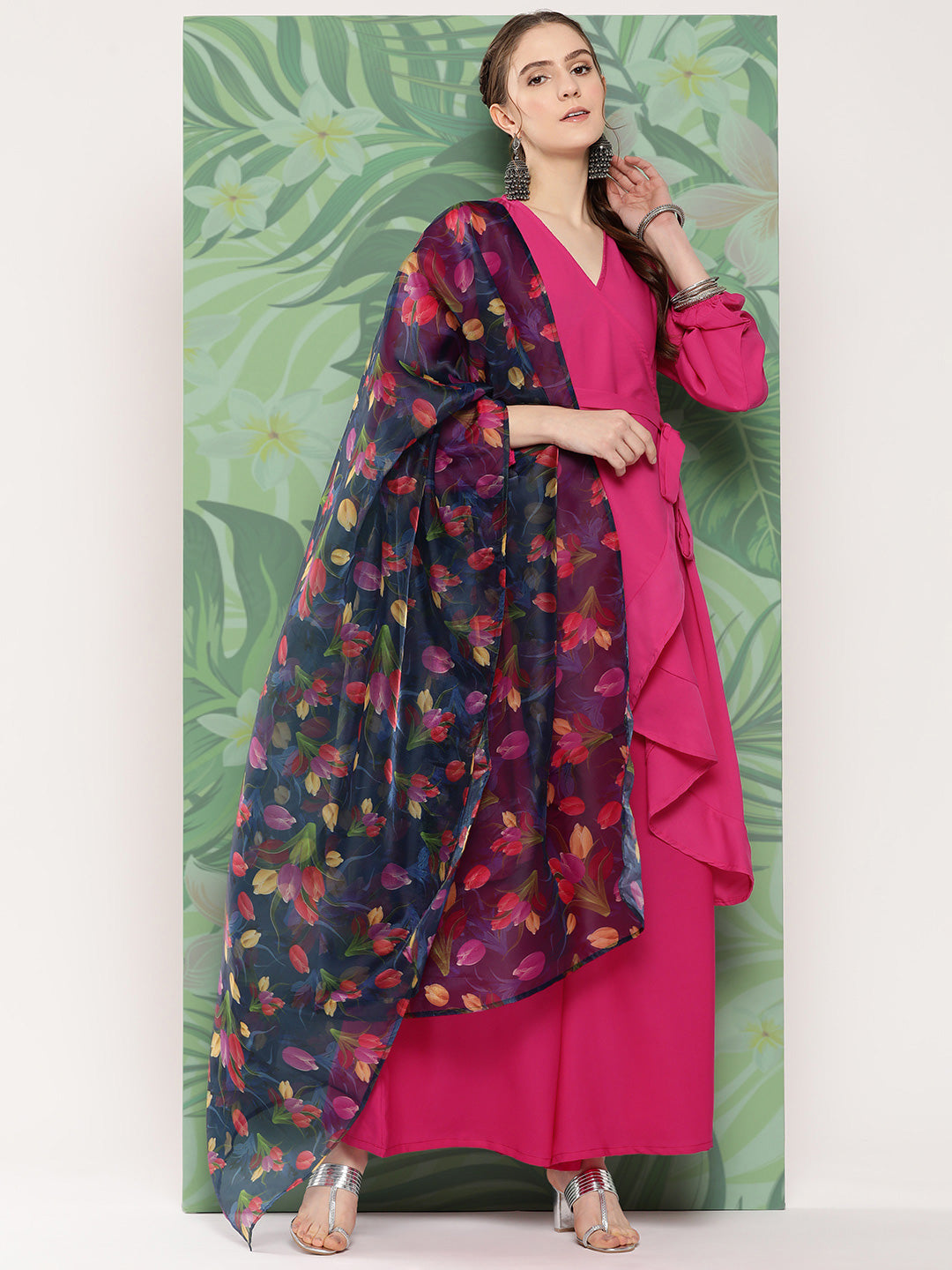 InWeave Women's Magenta Tie Up Kurta Set W Navy Pink Or Dupatta - Swadesiicart