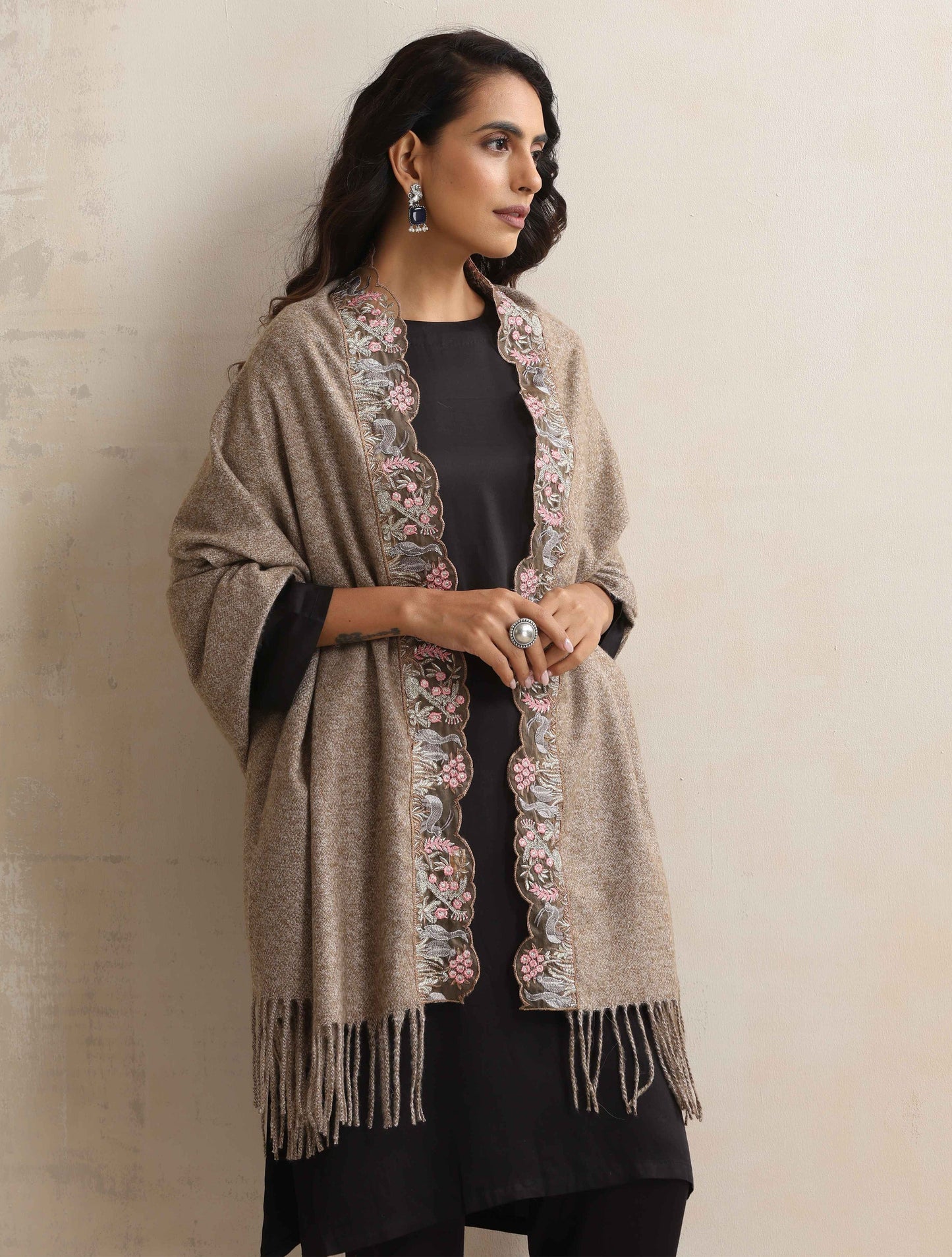 trueBrowns Beige Embroidered Woollen Stole | Swadesiicart
