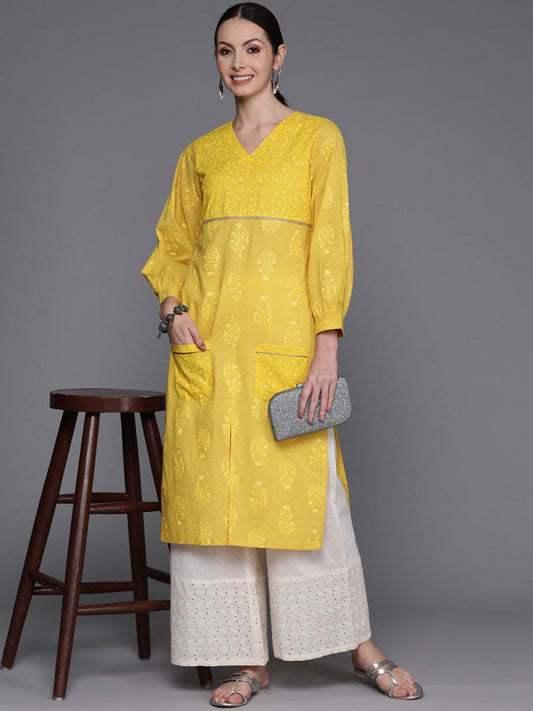 Ahalyaa Ethnic Motifs Printed Puff Sleeves Gotta Patti Kurta | Swadesiicart