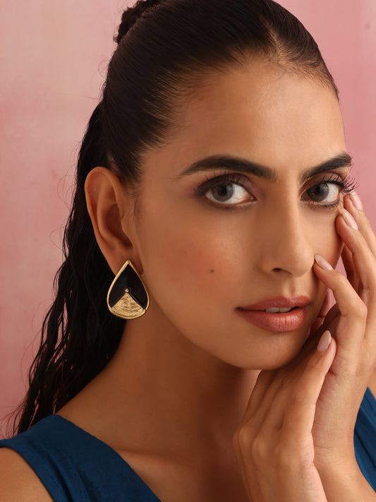 trueBrowns Brass Black Stone Drop Stud Earrings - Swadesiicart