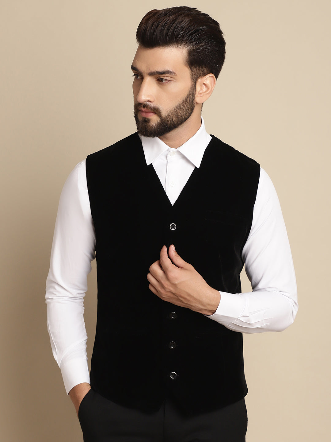 Even Apparels Men's Black Waistcoat with welt pockets | Swadesiicart