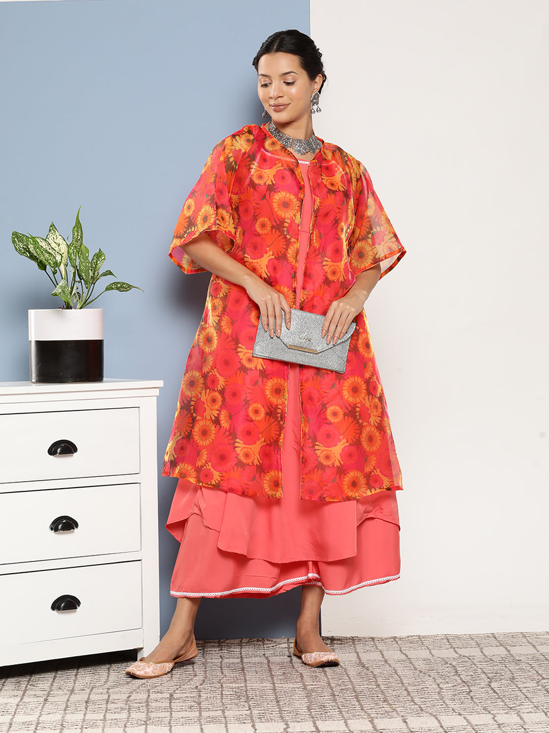 InWeave Women's Peach Cr Strappy Set With Peach Yellow Floral Cape - Swadesiicart