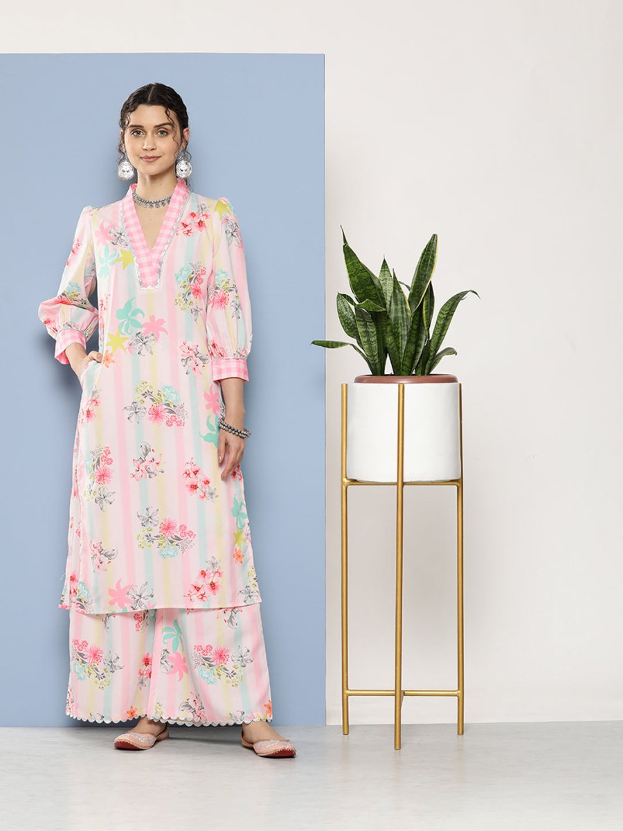 Ahalyaa Women Pink Floral Printed Gotta Patti Kurta with Palazzos | Swadesiicart