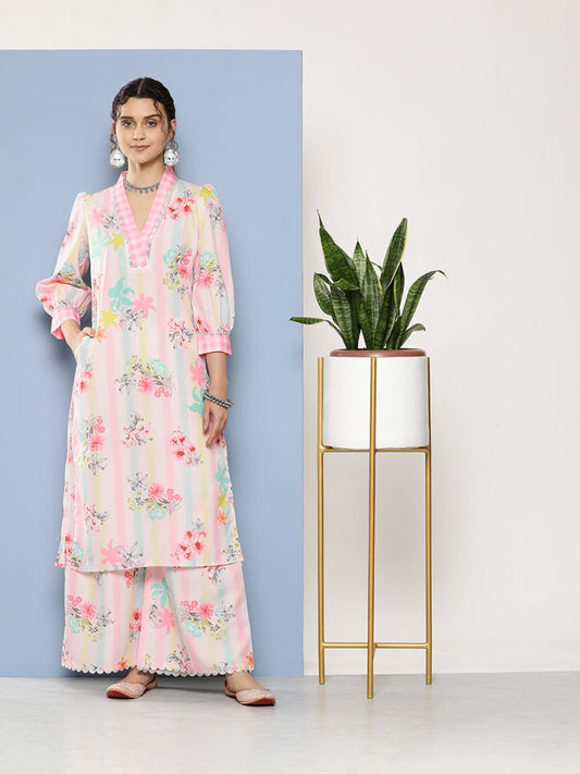Ahalyaa Women Pink Floral Printed Gotta Patti Kurta with Palazzos | Swadesiicart