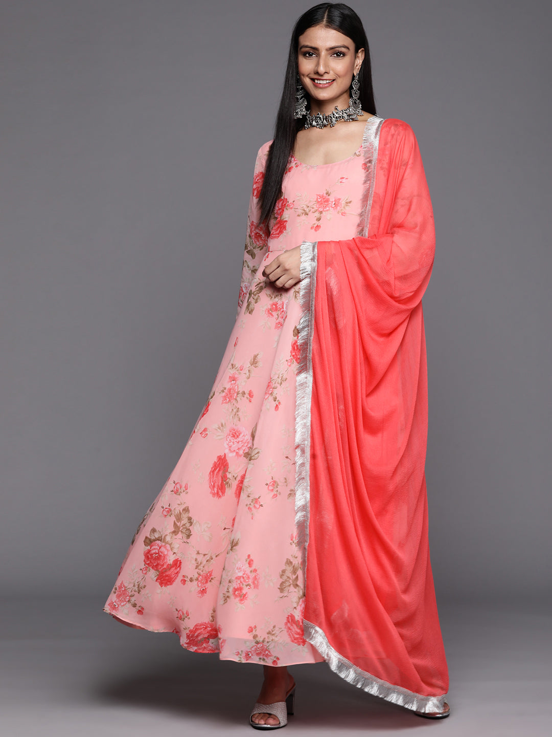 Varanga Pink Anarkali Kurta Paired With Chiffon Dupatta - Varanga