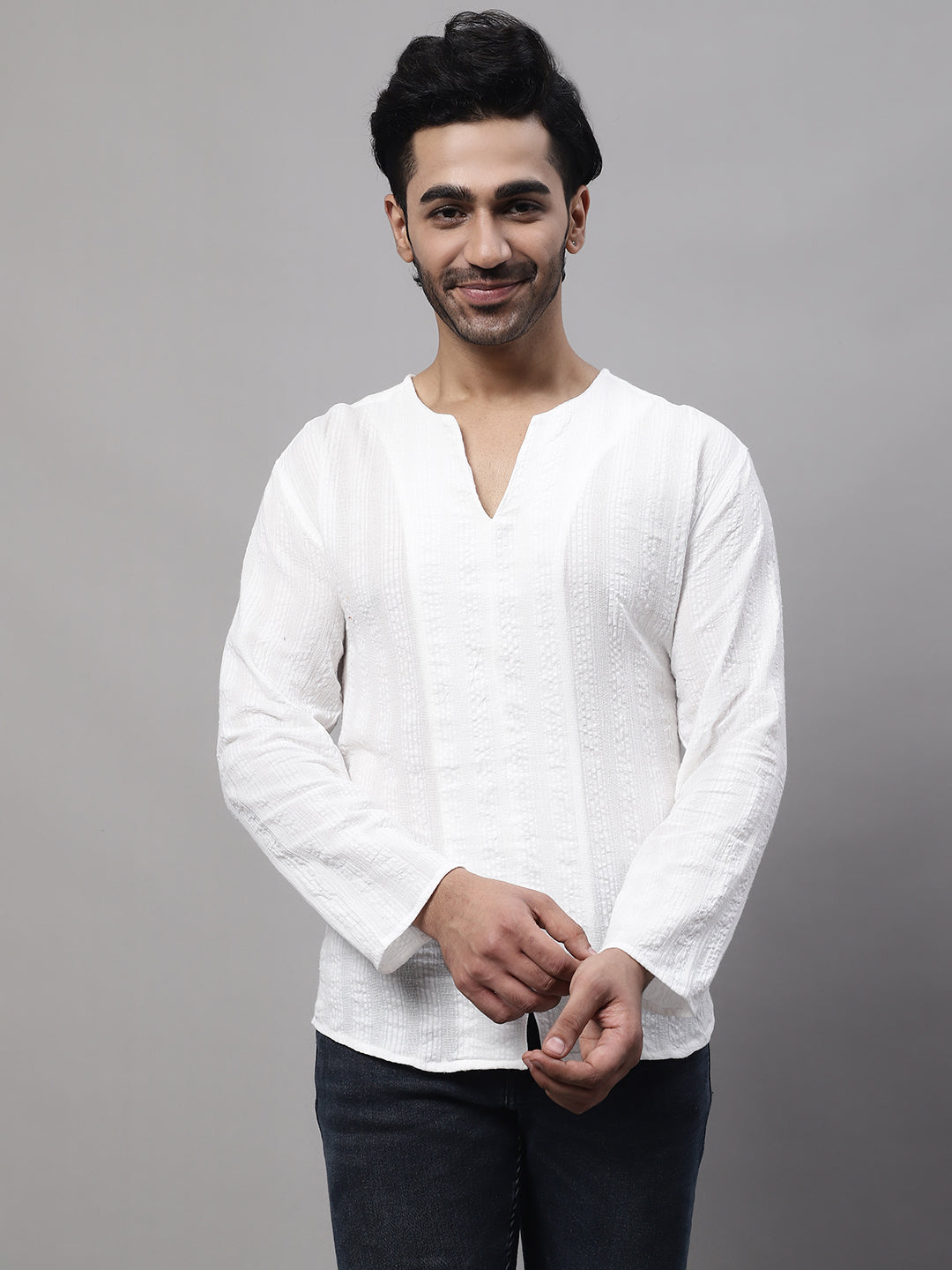 Even Apparels White Pure Cotton Open Neck Kurta | Swadesiicart