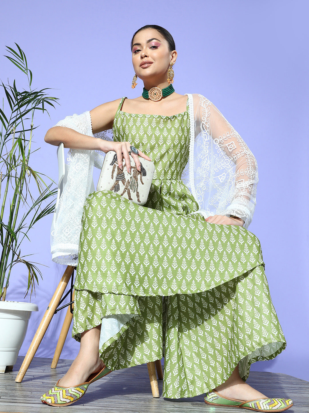 InWeave Women's Green Small Boota Print Strappy Set With Dupatta - Swadesiicart