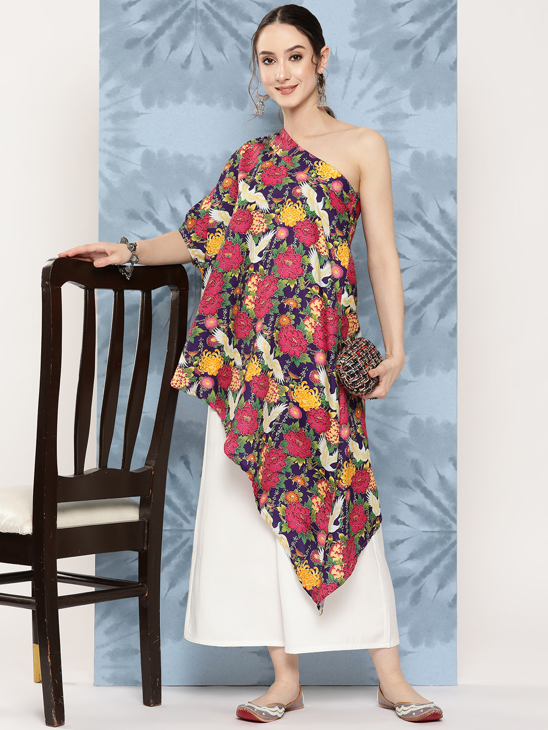 InWeave Women's Navy Bird Japanese Art Oneshoulder Top - Swadesiicart