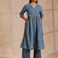trueBrowns Indigo Dabu Zig-Zag Lines Print Cotton Flared Kurta Pant Set | Swadesiicart