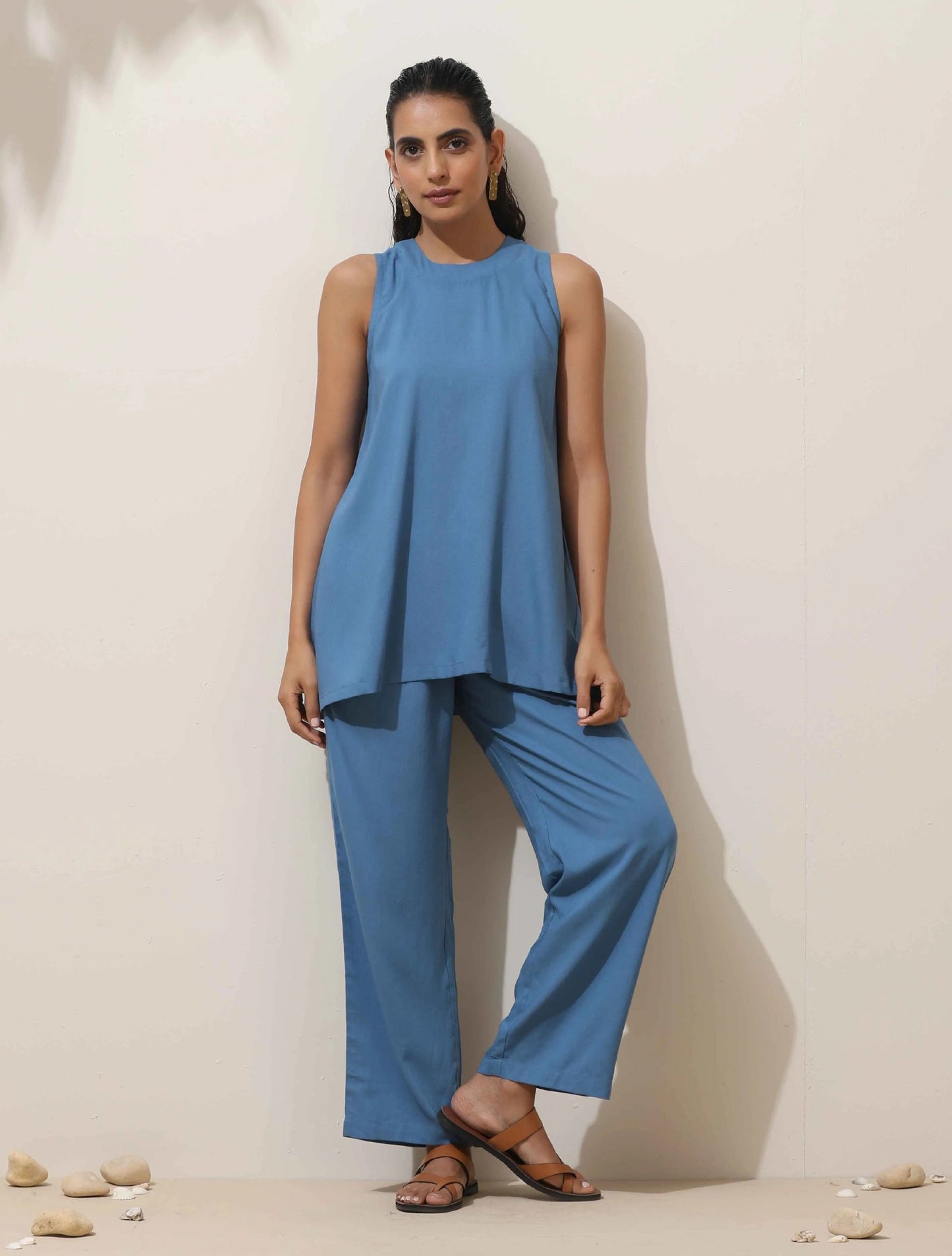 trueBrowns Blue Viscose Solid Co-ord Set - Swadesiicart