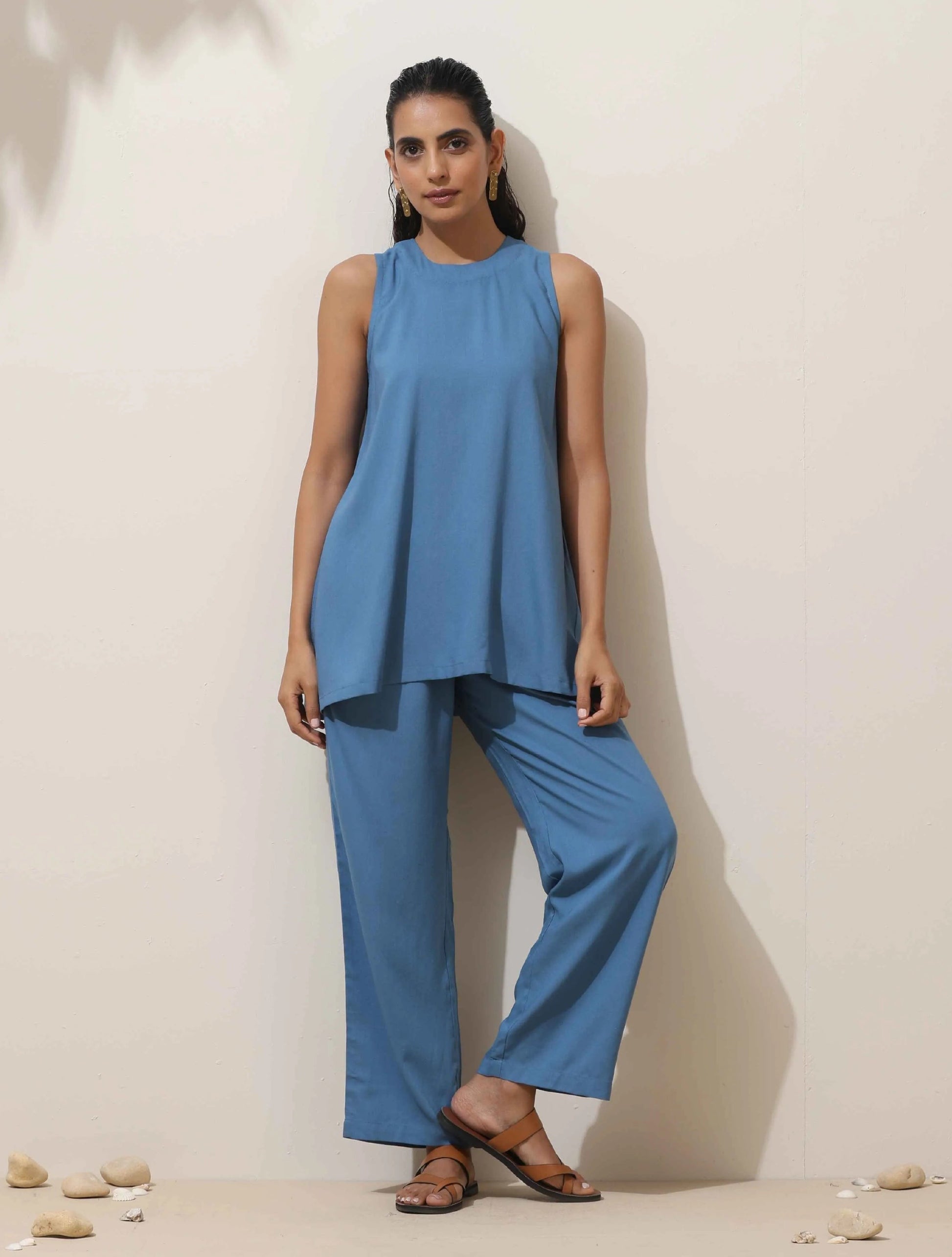 trueBrowns Blue Viscose Solid Co-ord Set - Swadesiicart