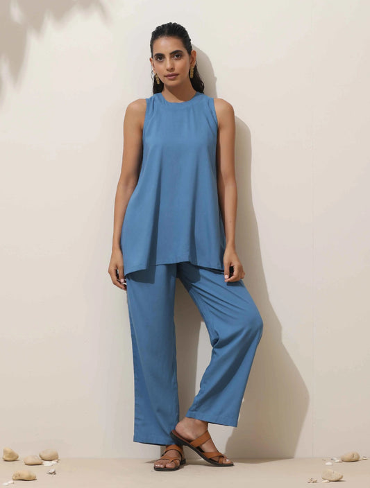 trueBrowns Blue Viscose Solid Co-ord Set - Swadesiicart