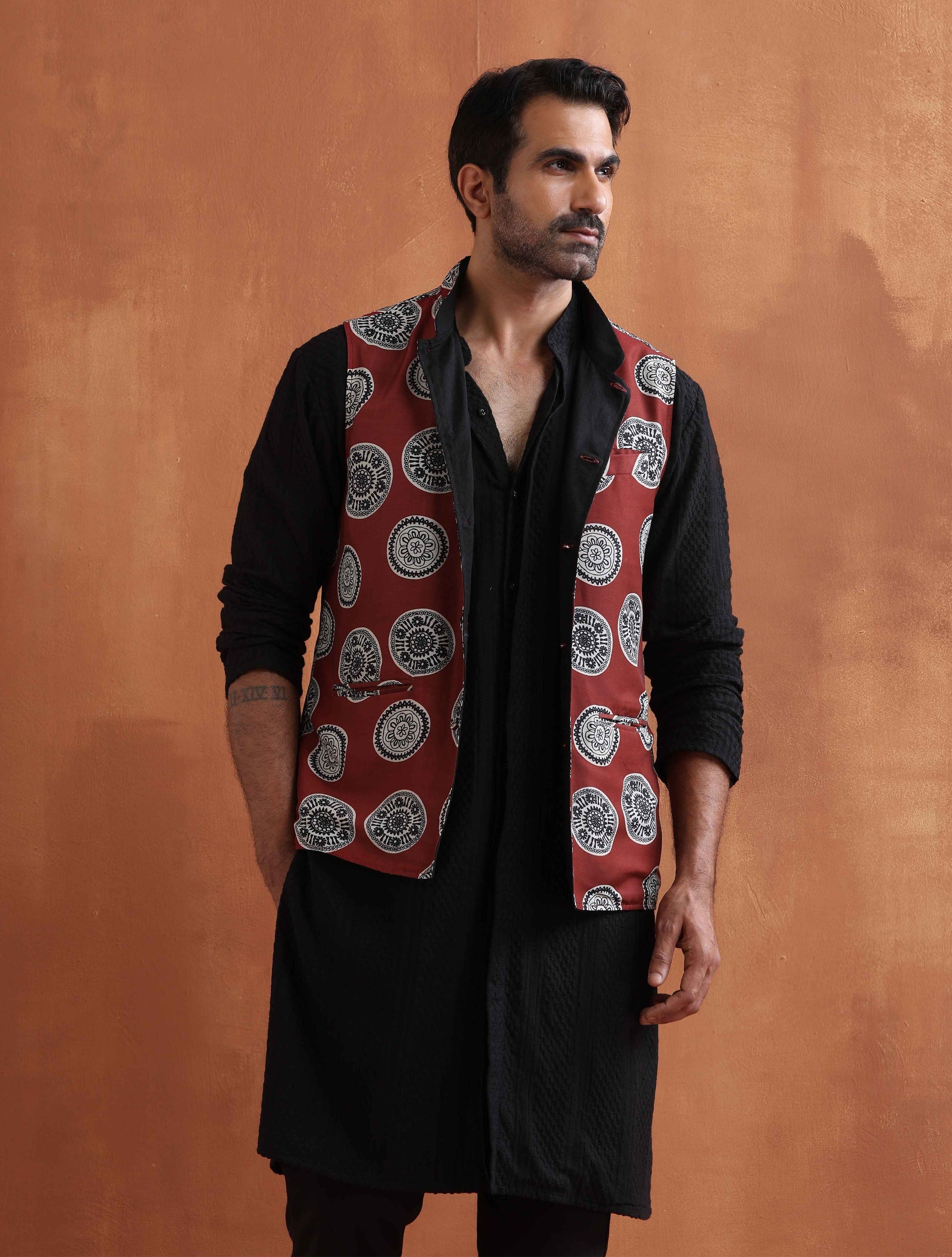 trueBrowns Men's Rust Printed Nehru Jacket | Swadesiicart