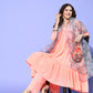 InWeave Women's Peach Flared Kurta Set With Off White Folral Organza Dupatta - Swadesiicart