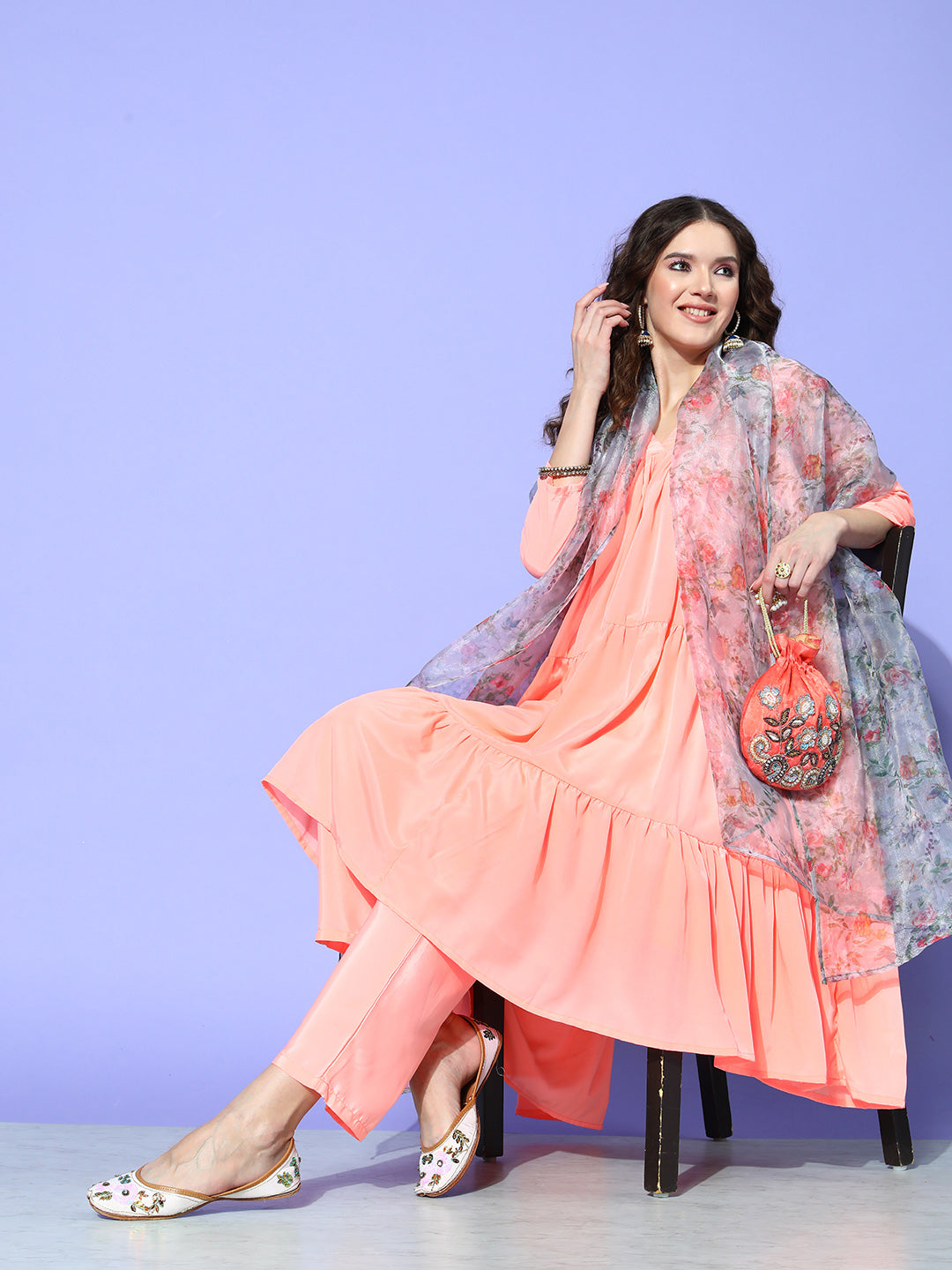 InWeave Women's Peach Flared Kurta Set With Off White Folral Organza Dupatta - Swadesiicart