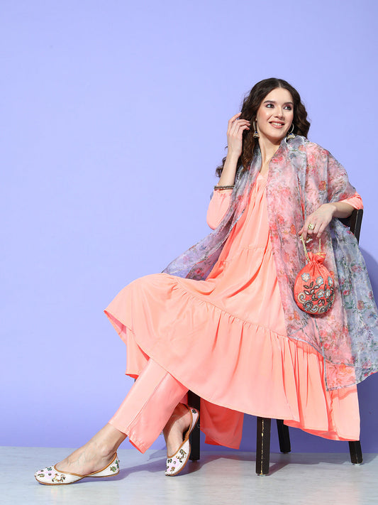 InWeave Women's Peach Flared Kurta Set With Off White Folral Organza Dupatta - Swadesiicart