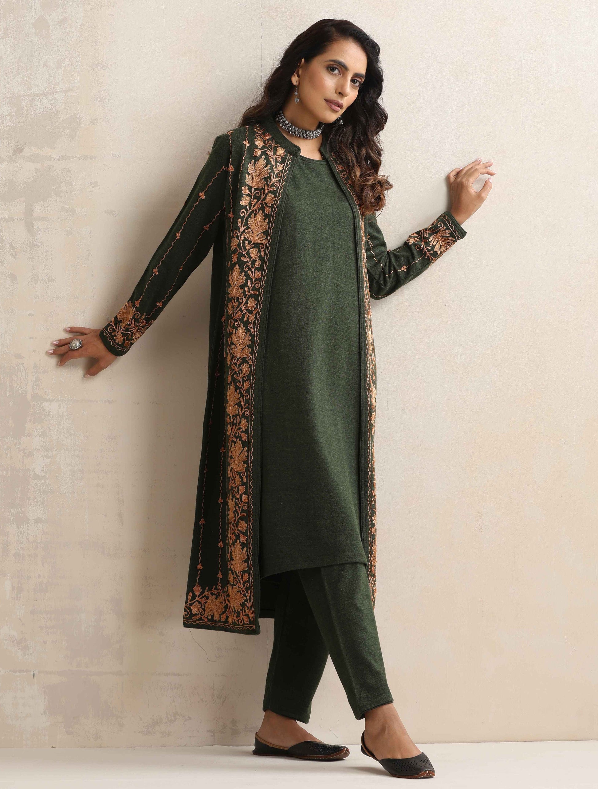 trueBrowns Green Kashmiri Woollen Jacket 3pc Set | Swadesiicart